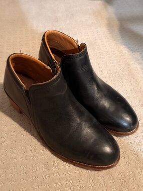 Women's Black Leather Steel Toe Ankle Booties with Tan Trim